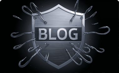 Obrázek štítu s nápisem „BLOG“, který odhání pishingové háčky snažící se proniknout.
