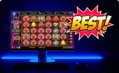 Téma online casina v počítači, na obrazovce jsou výherní automaty. V rohu komiksový nápis „BEST“.