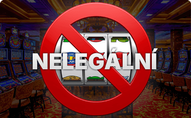Ikona výherního automatu překrytá značkou zákazu s nápisem „nelegální“ na pozadí kamenného casina.